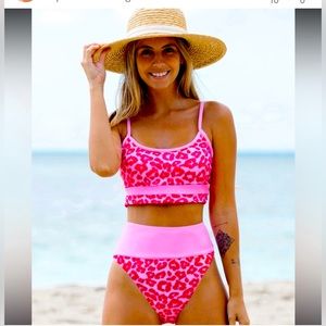 Pink Leopard Printed High Waisted Bikini Set Size Medium tummy control